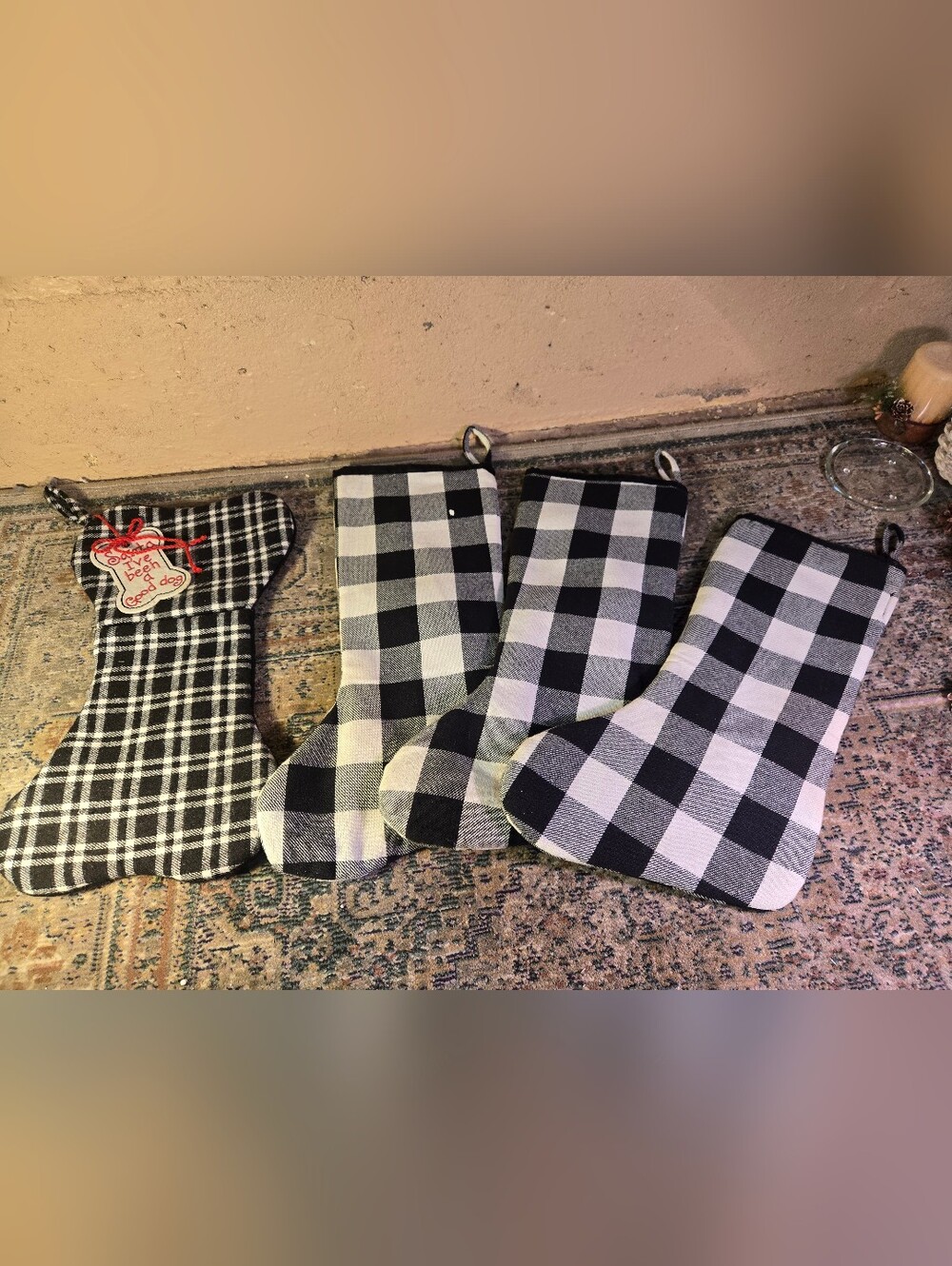 Lot of 3 Black White Buffalo Check Christmas Stockings Plaid & 1 Dog Bone Theme